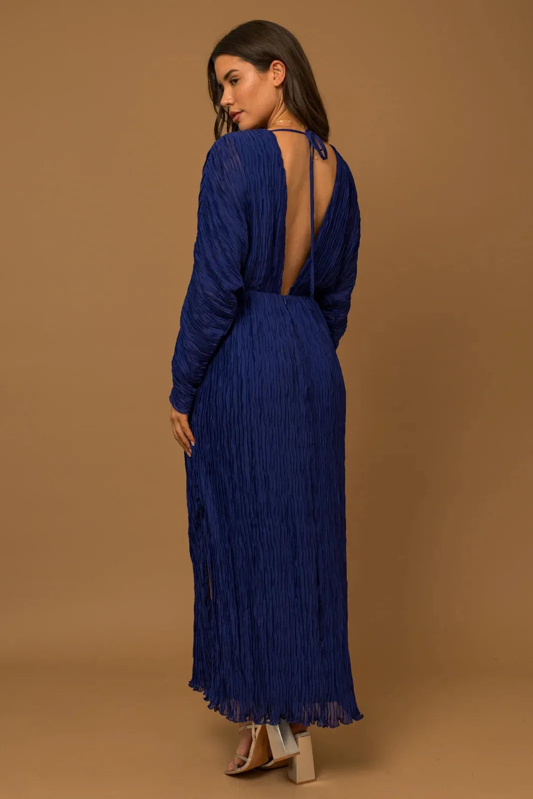 Plisse Side Slit Ruffle Hem Open Back Maxi Dress - Tasha Apparel Wholesale