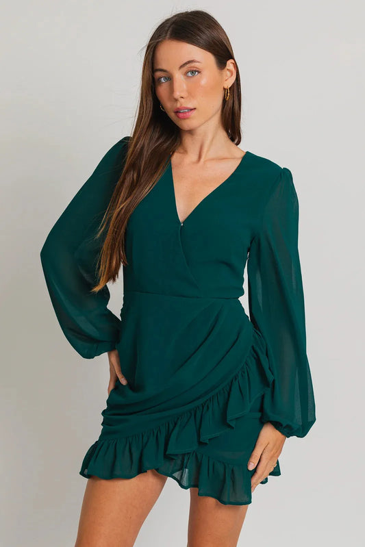 Ruffle Ruched Detail Wide Sleeve Chiffon Mini Dress - Tasha Apparel Wholesale