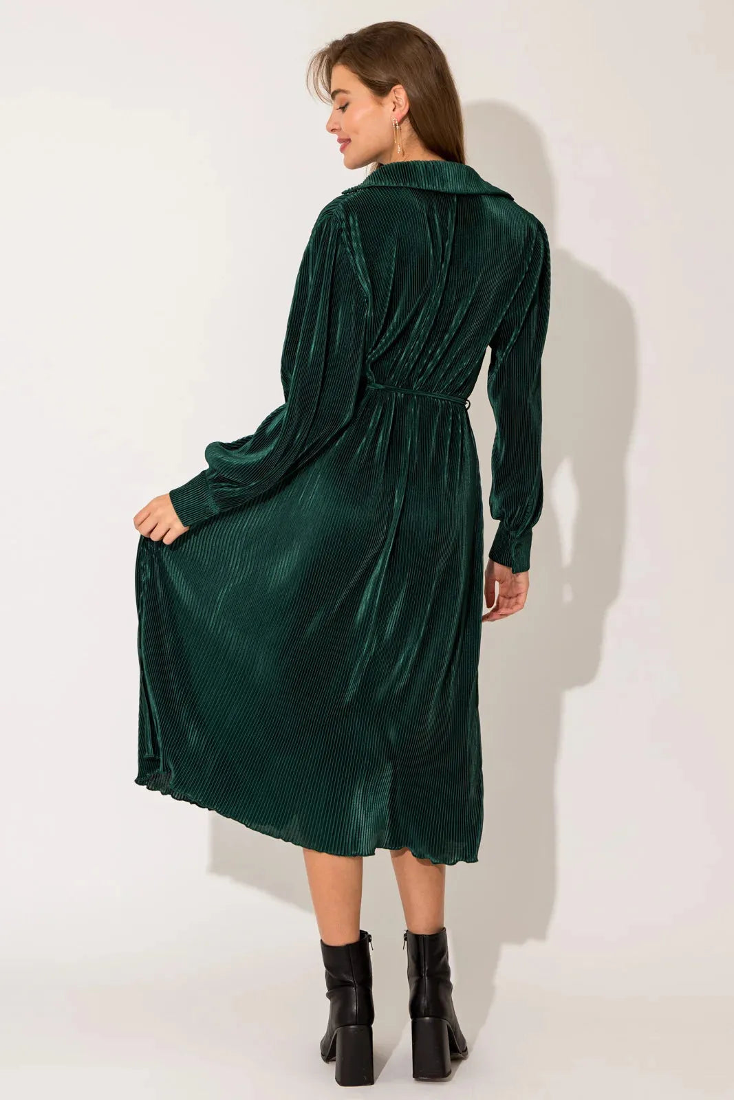 Pleated Long Sleeve Collared Belted Midi Shirt Dress - Tasha Apparel Wholesale