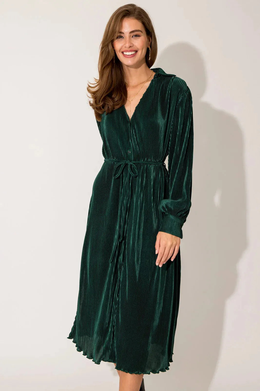 Pleated Long Sleeve Collared Belted Midi Shirt Dress - Tasha Apparel Wholesale