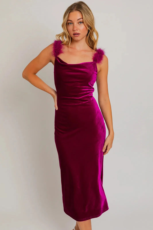 Velvet Feather Shoulder Trim Side Slit Midi Dress - Tasha Apparel Wholesale