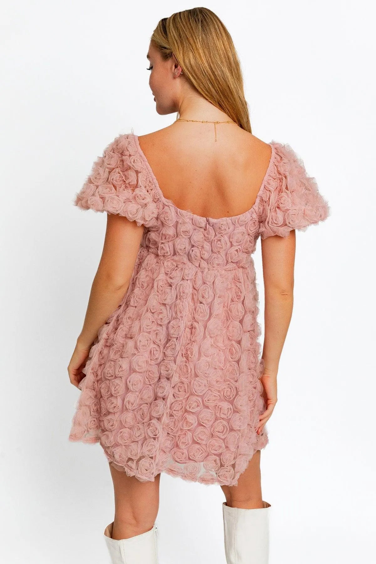 Flower Puff Sleeve Fit & Flare Lace Rosette Dress - Tasha Apparel Wholesale