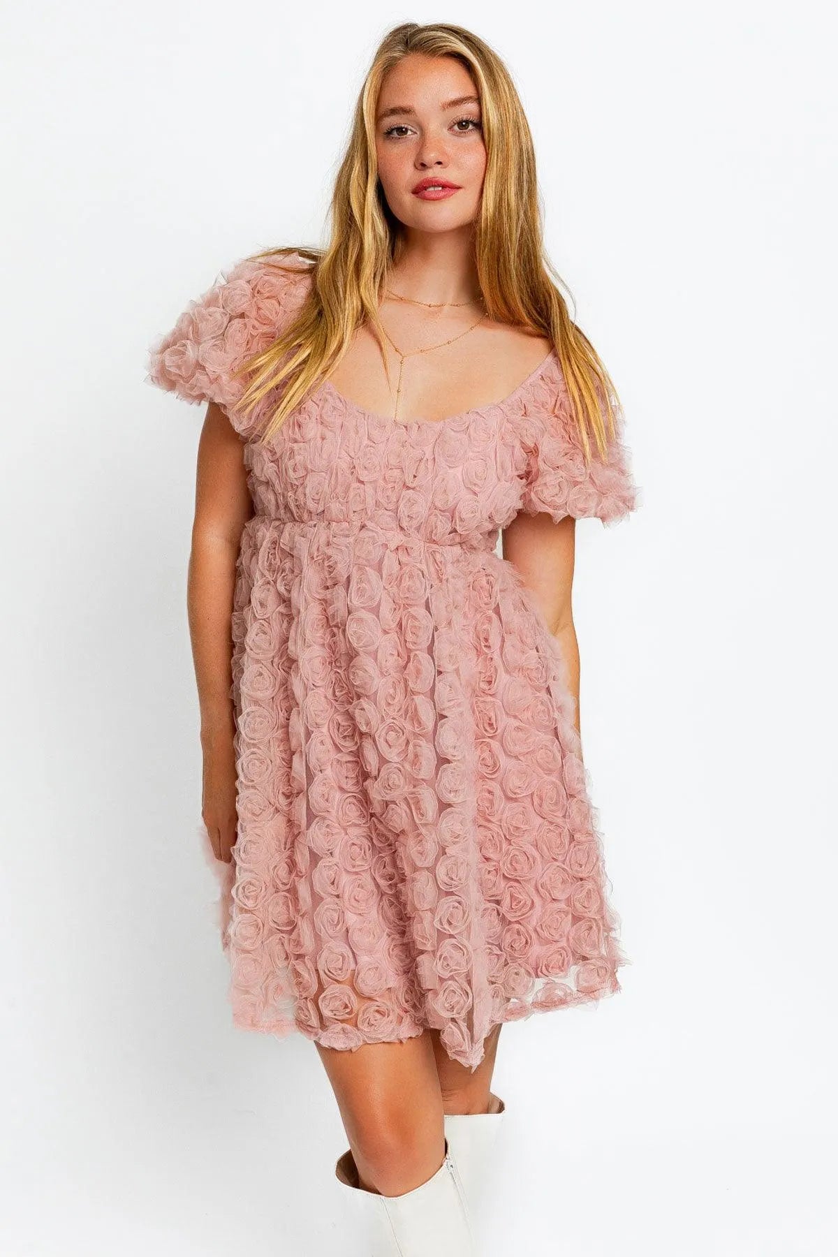 Flower Puff Sleeve Fit & Flare Lace Rosette Dress - Tasha Apparel Wholesale