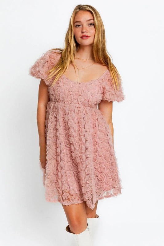 Flower Puff Sleeve Fit & Flare Lace Rosette Dress - Tasha Apparel Wholesale