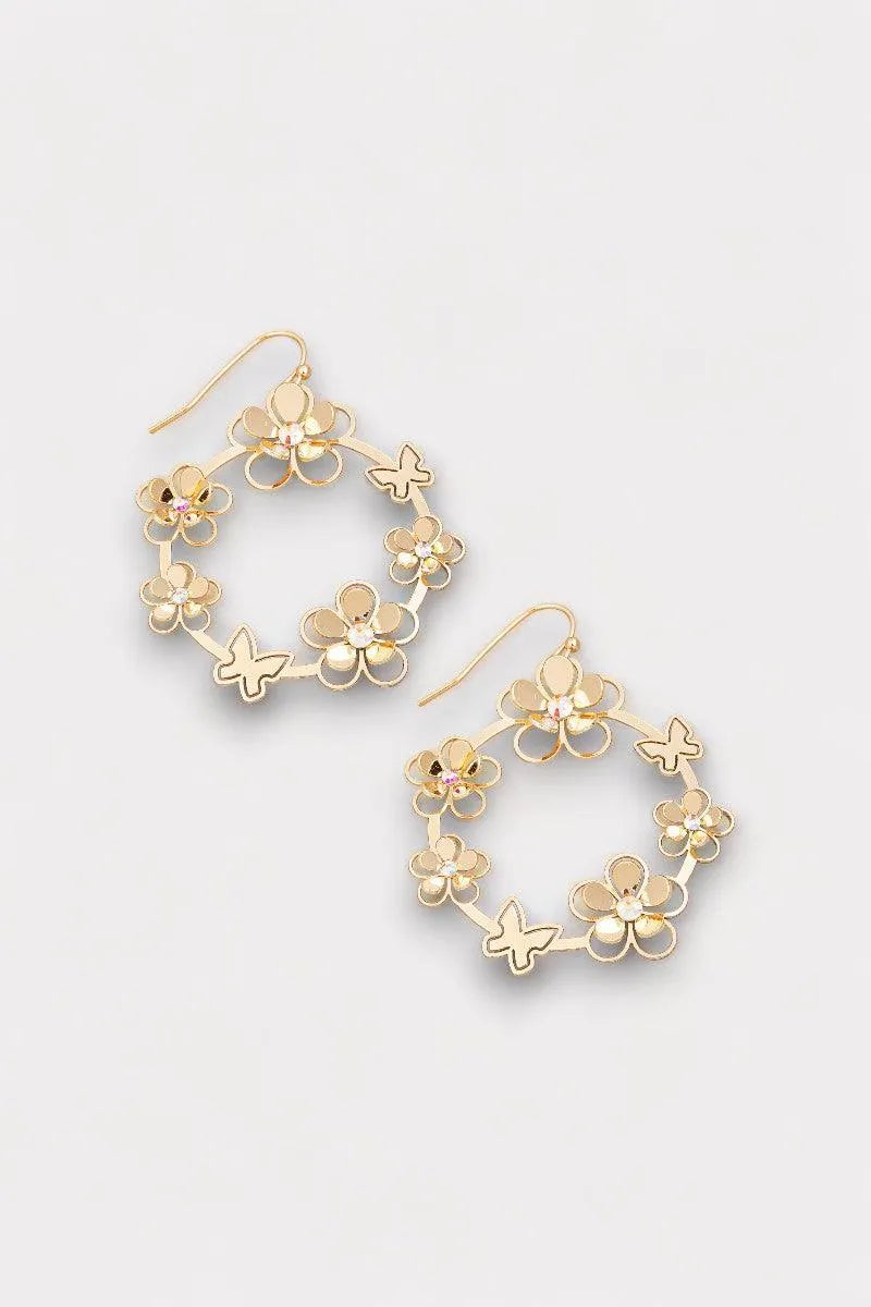 Circle Flower Butterfly Rhinestone Filigree Earrings - Tasha Apparel Wholesale
