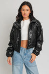 Short Lined Pocketed Faux Leather Puffer Jacket - Tasha Apparel Wholesale