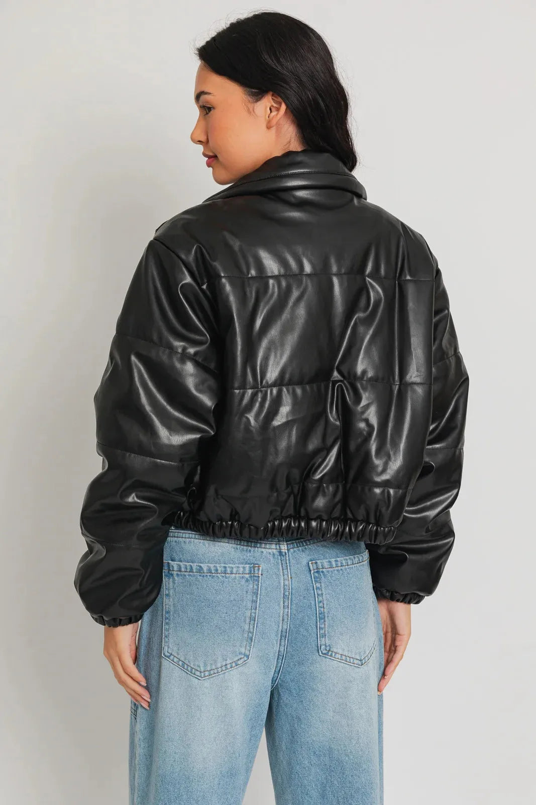 Short Lined Pocketed Faux Leather Puffer Jacket - Tasha Apparel Wholesale