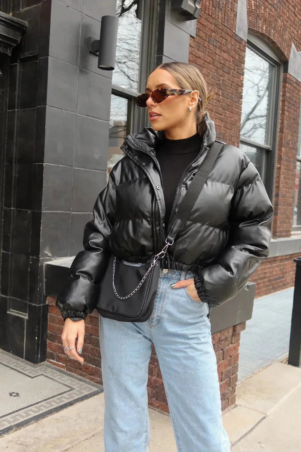 Short Lined Pocketed Faux Leather Puffer Jacket - Tasha Apparel Wholesale