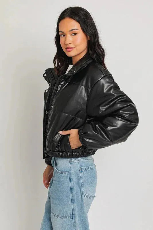 Short Lined Pocketed Faux Leather Puffer Jacket - Tasha Apparel Wholesale