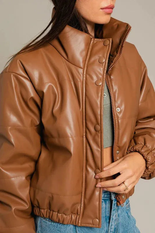 Short Lined Pocketed Faux Leather Puffer Jacket - Tasha Apparel Wholesale