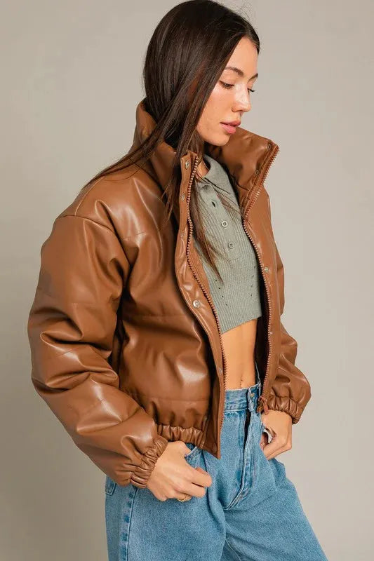 Short Lined Pocketed Faux Leather Puffer Jacket - Tasha Apparel Wholesale