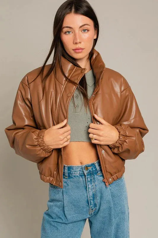 Short Lined Pocketed Faux Leather Puffer Jacket - Tasha Apparel Wholesale