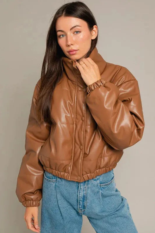 Short Lined Pocketed Faux Leather Puffer Jacket - Tasha Apparel Wholesale