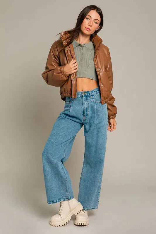 Short Lined Pocketed Faux Leather Puffer Jacket - Tasha Apparel Wholesale