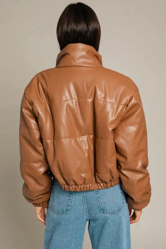 Short Lined Pocketed Faux Leather Puffer Jacket - Tasha Apparel Wholesale