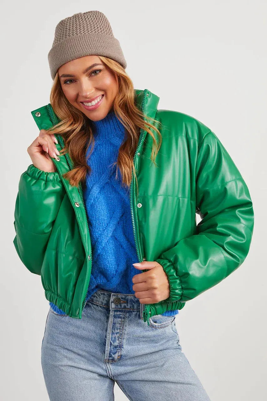 Short Lined Pocketed Faux Leather Puffer Jacket - Tasha Apparel Wholesale