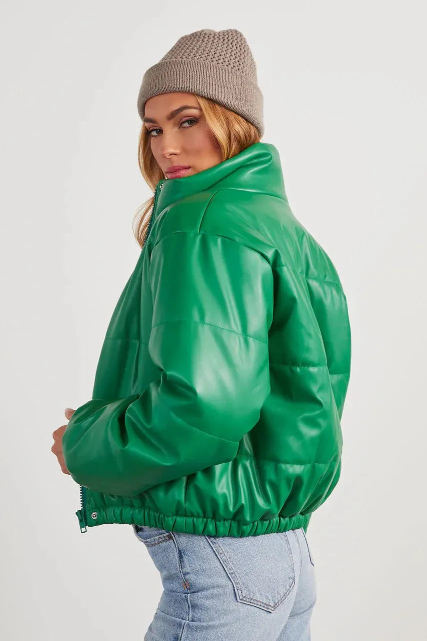 Short Lined Pocketed Faux Leather Puffer Jacket - Tasha Apparel Wholesale