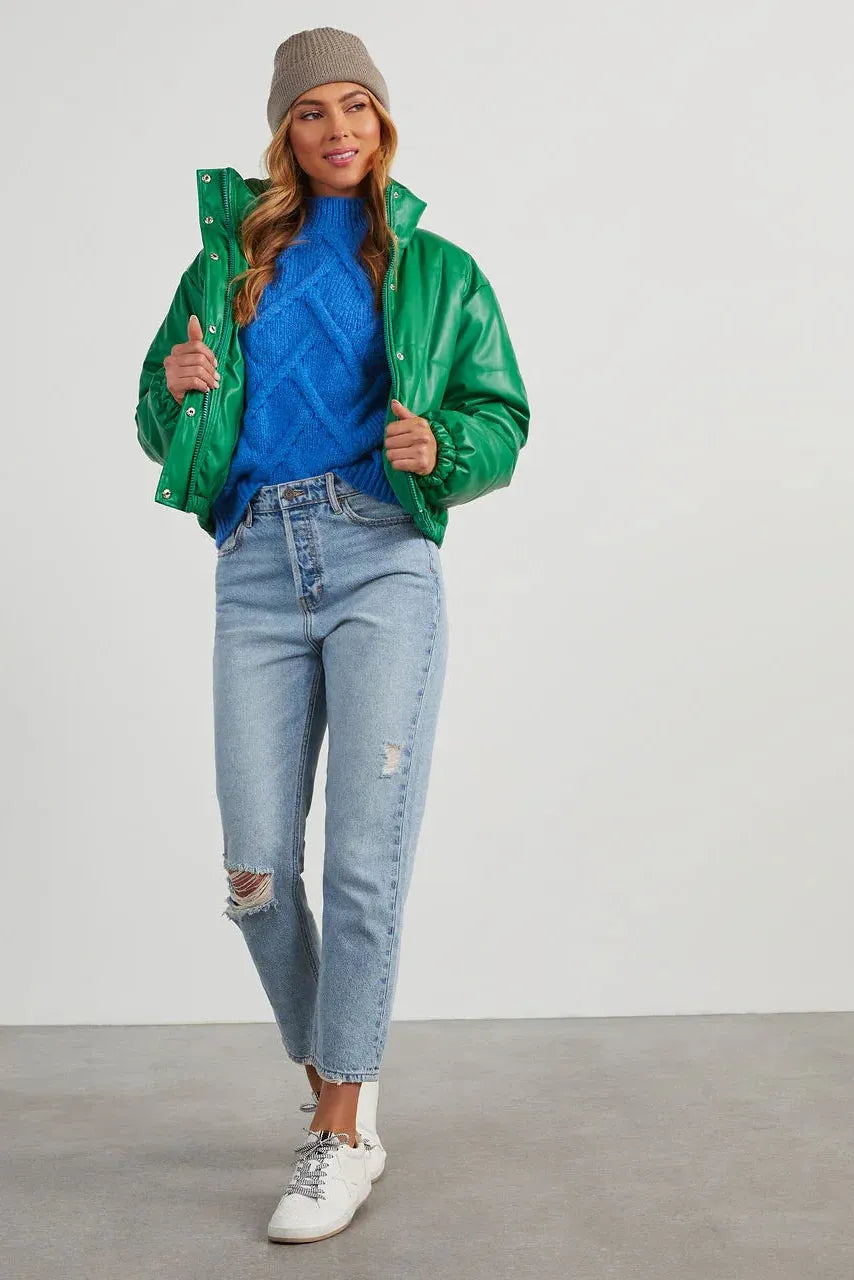 Short Lined Pocketed Faux Leather Puffer Jacket - Tasha Apparel Wholesale