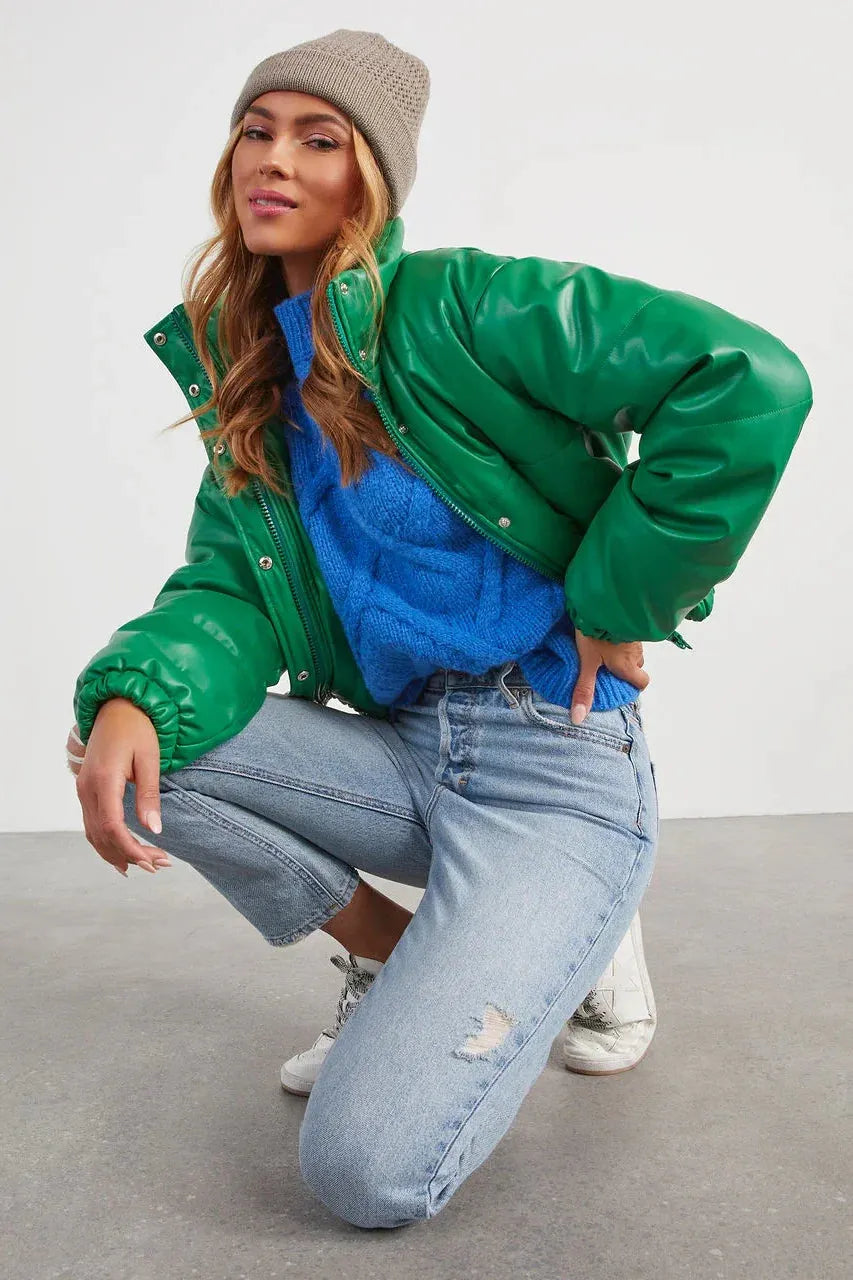 Short Lined Pocketed Faux Leather Puffer Jacket - Tasha Apparel Wholesale