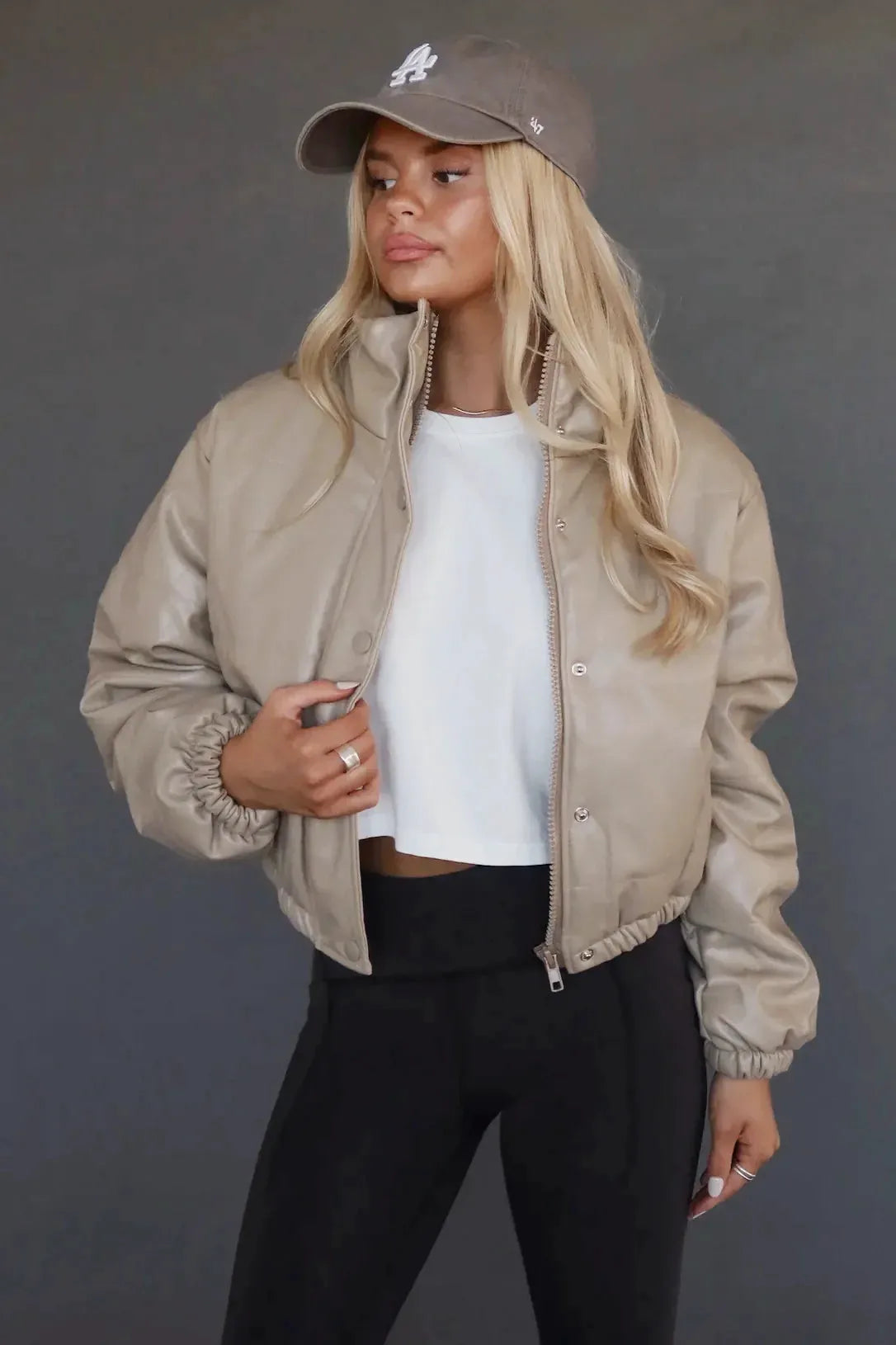 Short Lined Pocketed Faux Leather Puffer Jacket - Tasha Apparel Wholesale