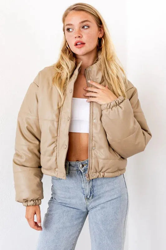 Short Lined Pocketed Faux Leather Puffer Jacket - Tasha Apparel Wholesale