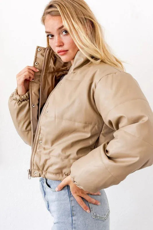 Short Lined Pocketed Faux Leather Puffer Jacket - Tasha Apparel Wholesale