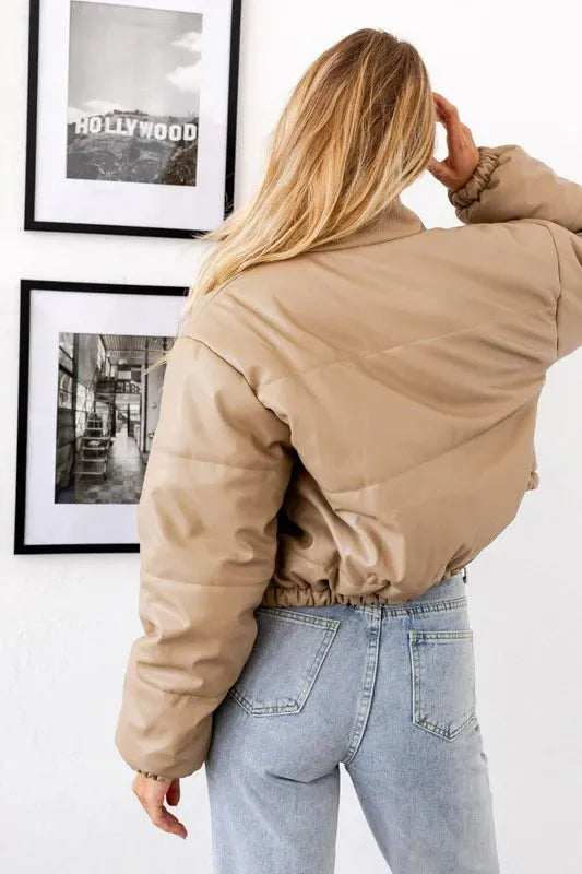 Short Lined Pocketed Faux Leather Puffer Jacket - Tasha Apparel Wholesale