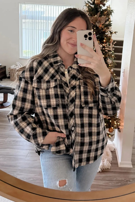 Oversize Hip Length Plaid Shacket - Tasha Apparel Wholesale