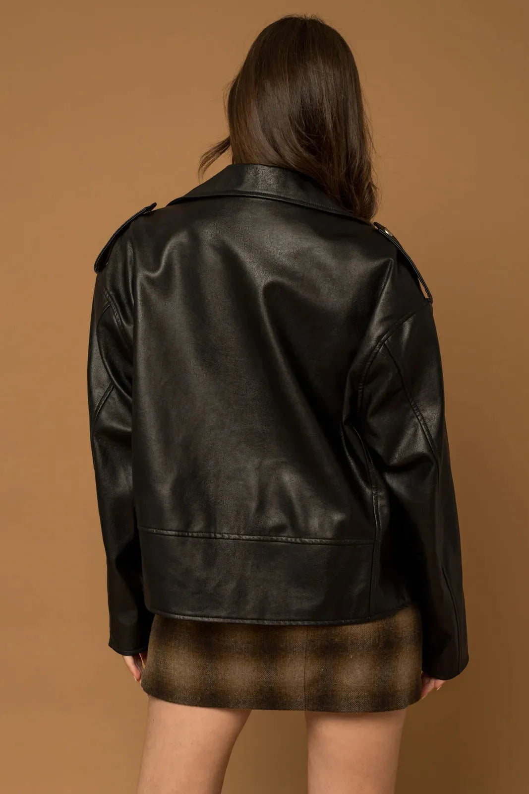 Oversize Collared Belted Hem Faux Leather Jacket - Tasha Apparel Wholesale