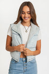 Washed Denim Fleece Cropped Puffer Vest Jacket - Tasha Apparel Wholesale