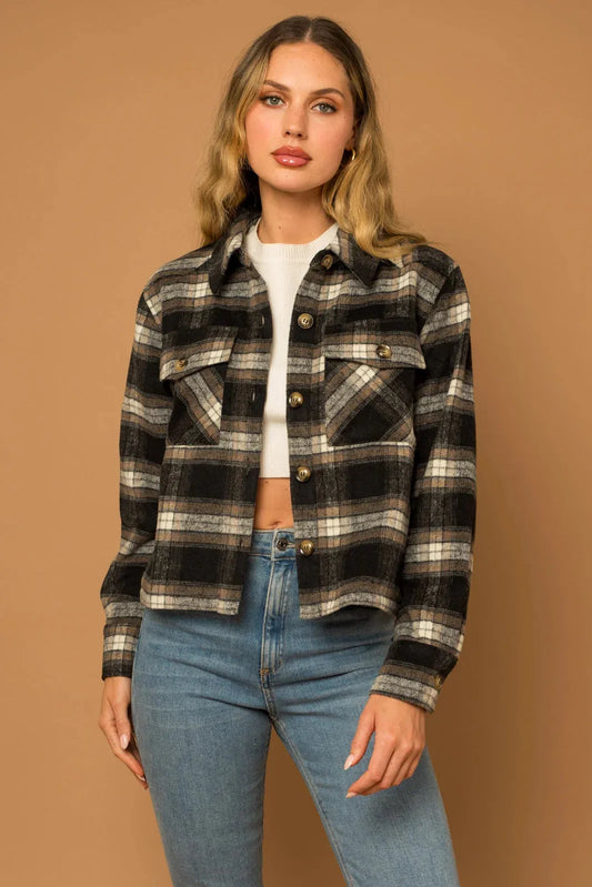 Cozy Relaxed-Fit Plaid Flannel Pocket Short Shacket - Tasha Apparel Wholesale