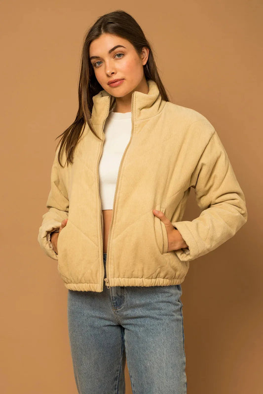 Quilted Corduroy Side Pocket Puff Jacket - Tasha Apparel Wholesale