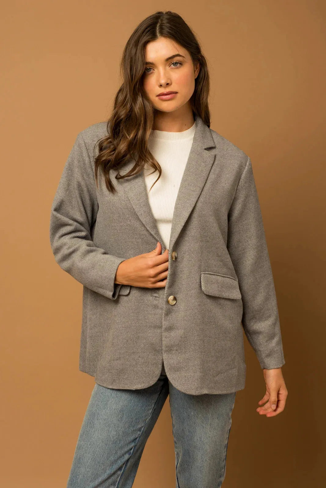Wool Two Button Closure Oversize Blazer - Tasha Apparel Wholesale