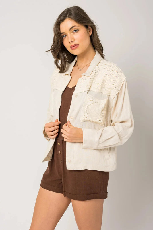 Crochet Mix Linen Long Sleeve Jacket - Tasha Apparel Wholesale