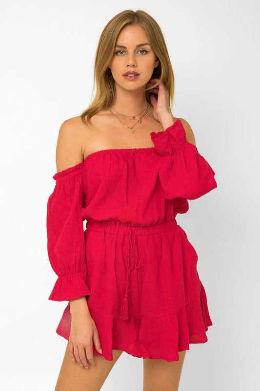 Balloon Sleeve Off Shoulder Flowy Romper - Tasha Apparel Wholesale