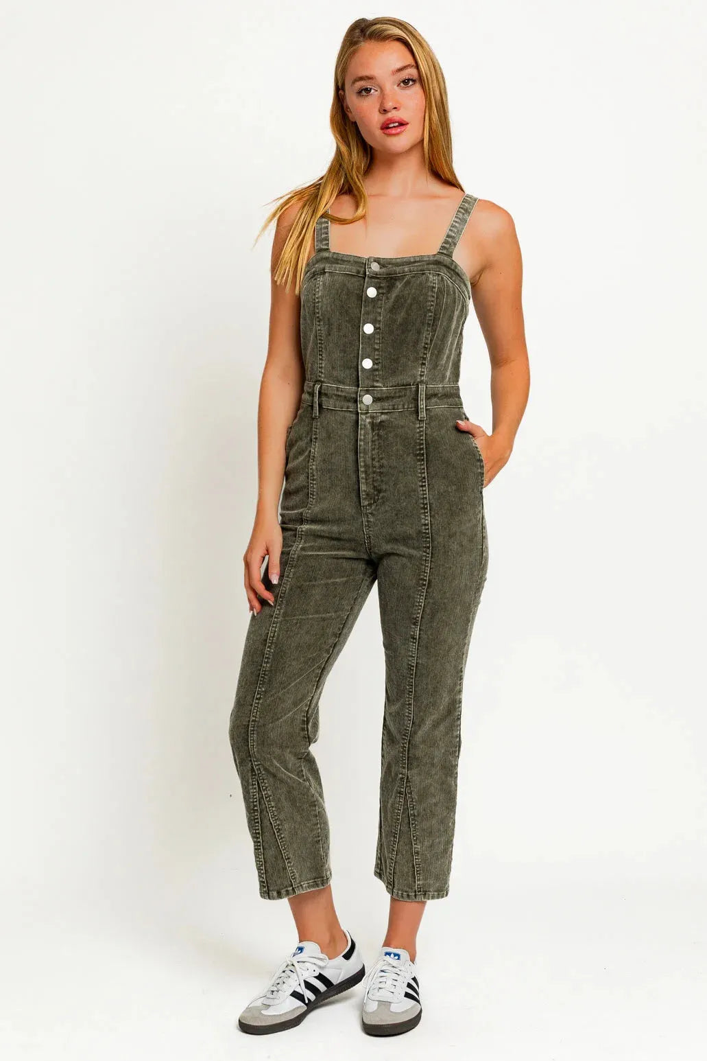 Sleeveless Adjustable Strap Washed Corduroy Jumpsuit - Tasha Apparel Wholesale