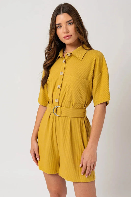 Belted Short Sleeve Button Up Ribbed Romper - Tasha Apparel Wholesale
