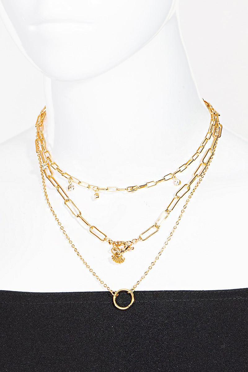 Double Chain crystal Circle Charm Layered Necklace - Tasha Apparel Wholesale