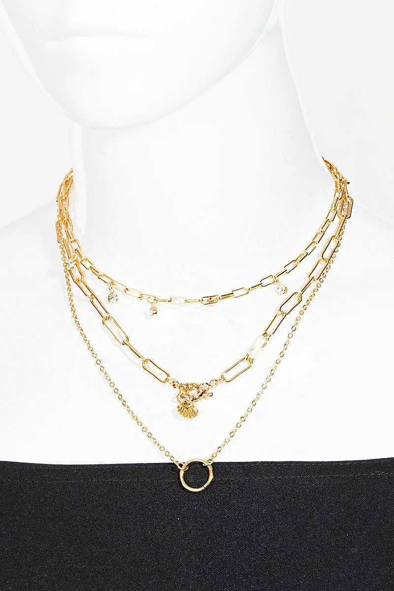 Double Chain Crystal Circle Charm Layered Necklace - Tasha Apparel Wholesale