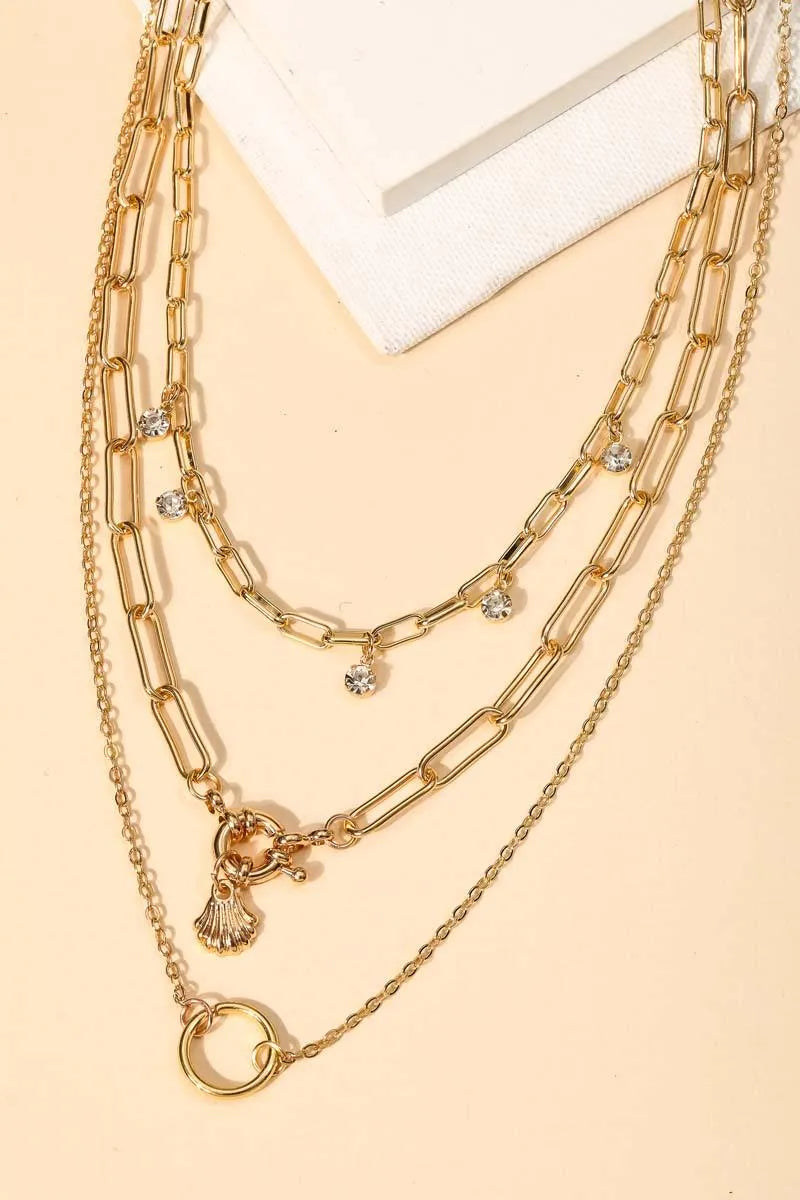 Double Chain Crystal Circle Charm Layered Necklace - Tasha Apparel Wholesale