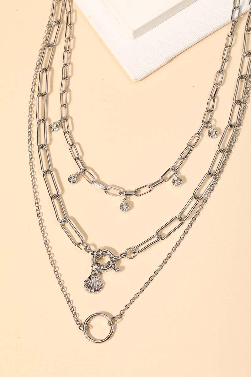 Double Chain crystal Circle Charm Layered Necklace - Tasha Apparel Wholesale