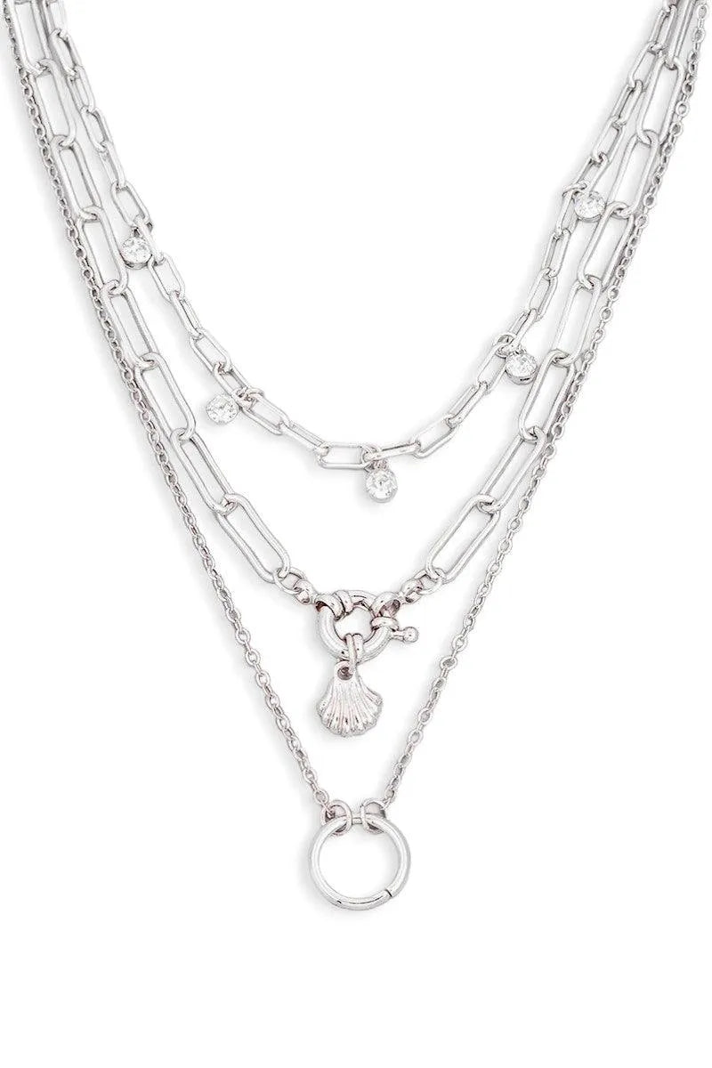 Double Chain Crystal Circle Charm Layered Necklace - Tasha Apparel Wholesale
