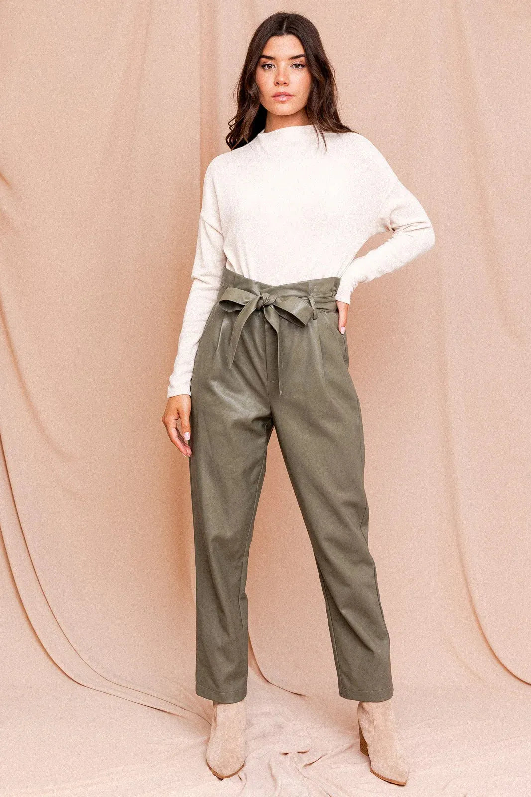 Paperbag High Waist Belted Vegan Trousers - Tasha Apparel Wholesale