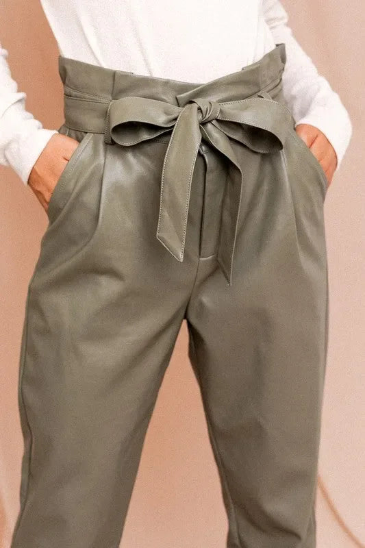 Olive Green High Waist Paperbag Belted Vegan Leather Trousers
