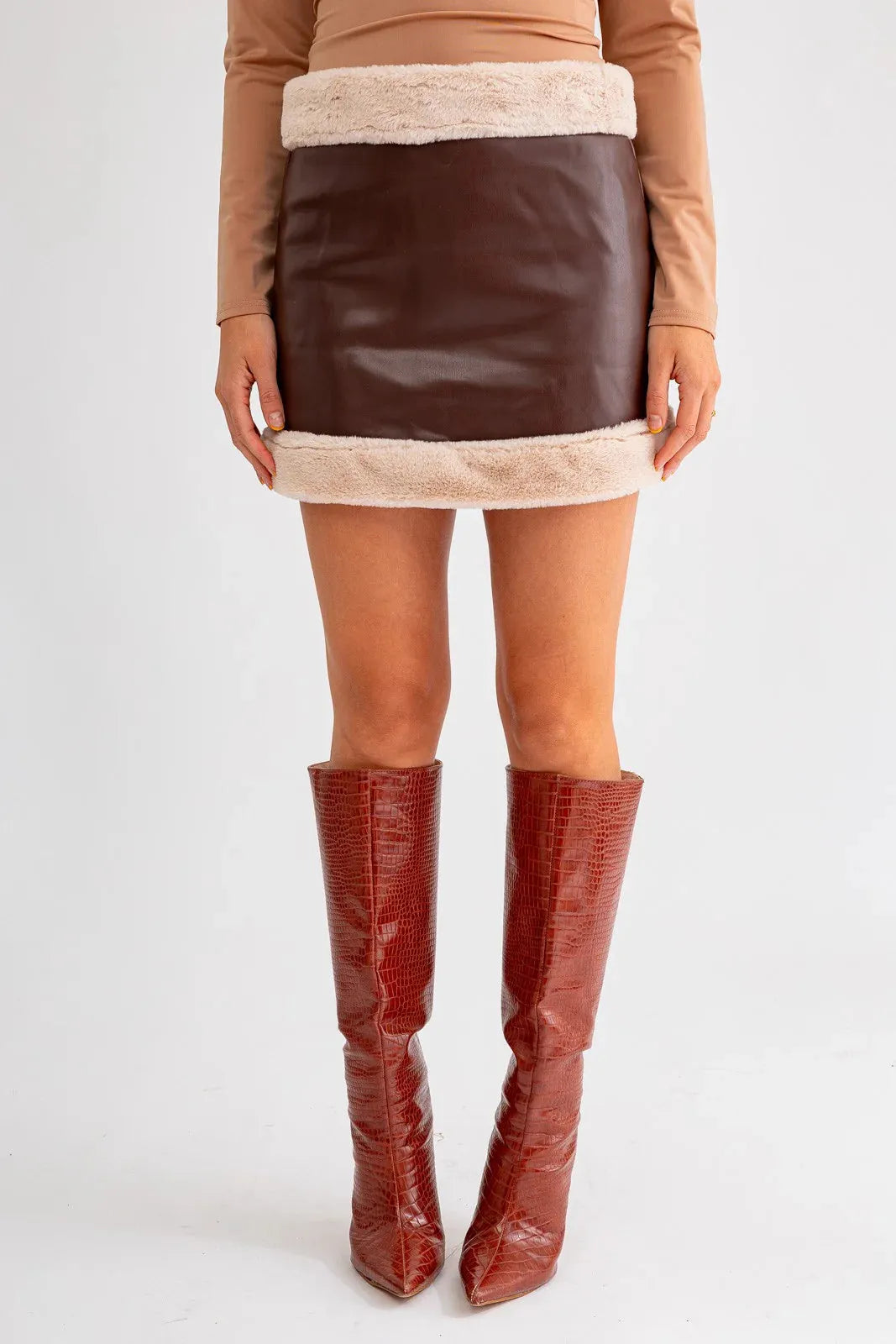 Vegan Fur Trim Faux Leather Mini Skirt - Tasha Apparel Wholesale
