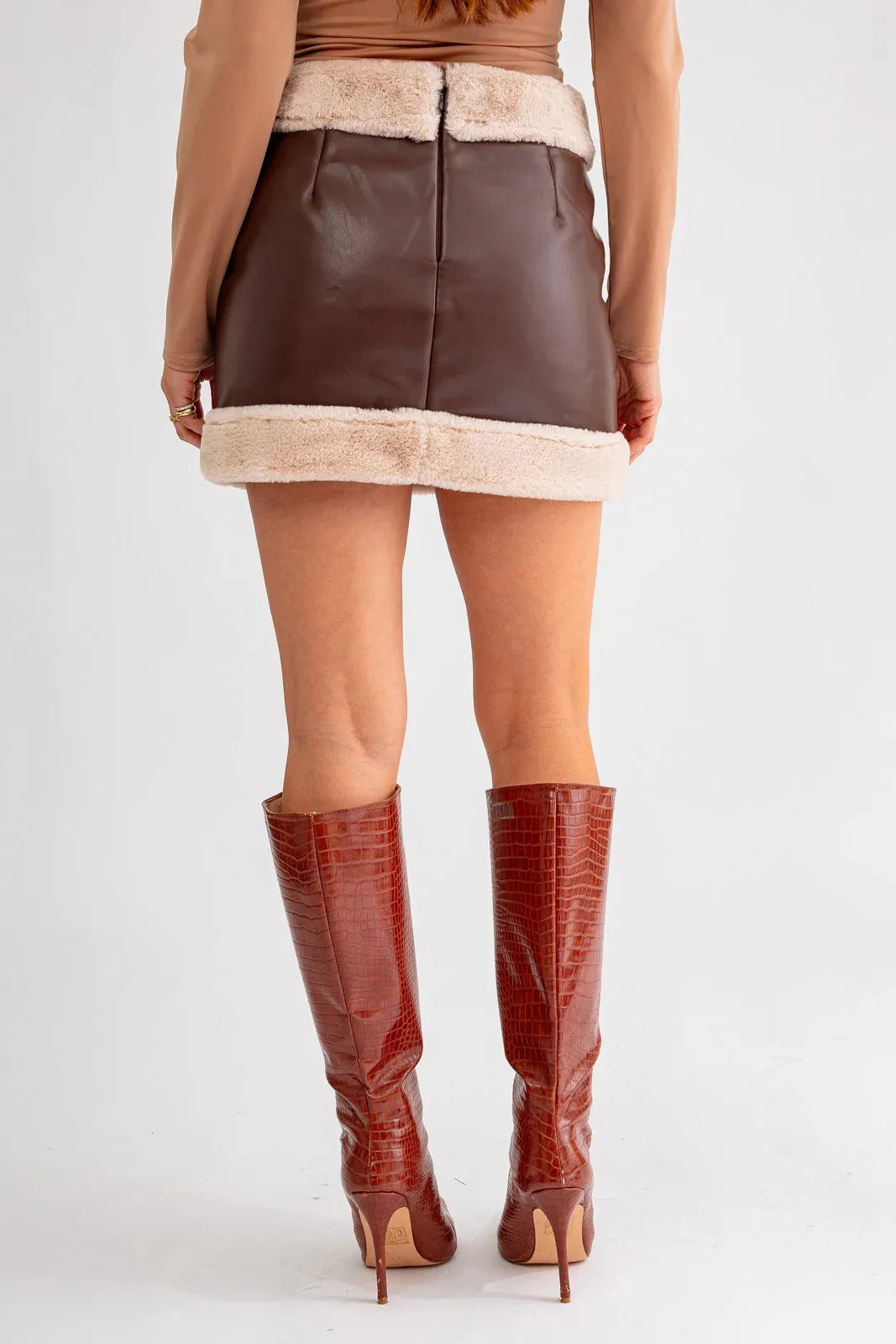Vegan Fur Trim Faux Leather Mini Skirt - Tasha Apparel Wholesale
