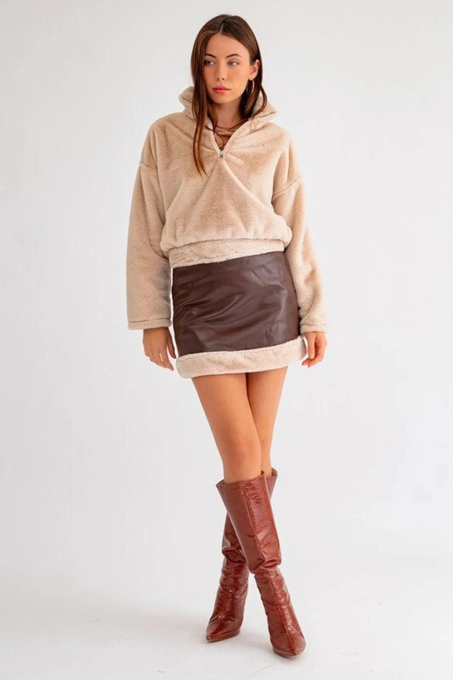 Vegan Fur Trim Faux Leather Mini Skirt - Tasha Apparel Wholesale
