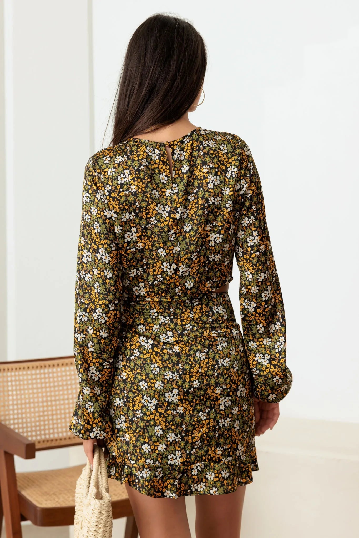 Floral Twist Cut-Out Crop Top Ruffle Hem Mini Skirt Set - Tasha Apparel Wholesale