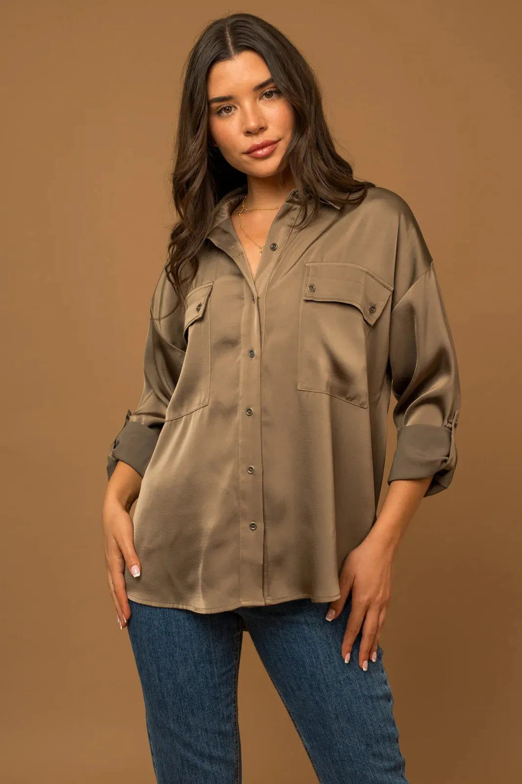 Satin Button Down With A Collar Utility Shirt - Tasha Apparel Wholesale