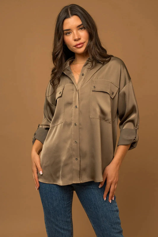 Satin Button Down With A Collar Utility Shirt - Tasha Apparel Wholesale